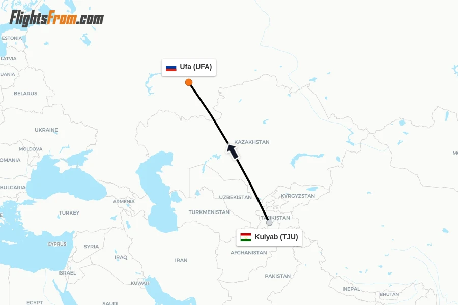 Flights from Kulyab to Ufa route map