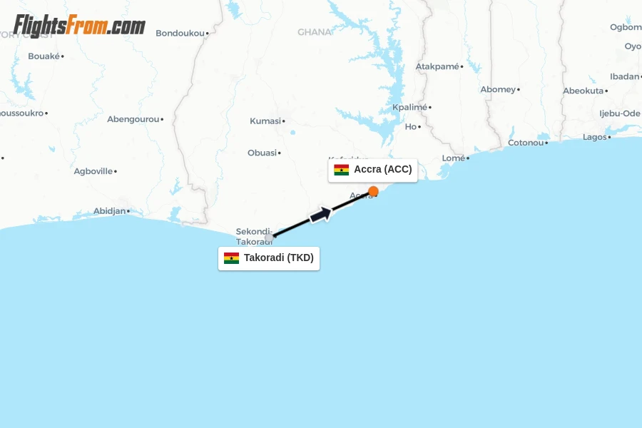 Flights from Takoradi to Accra route map