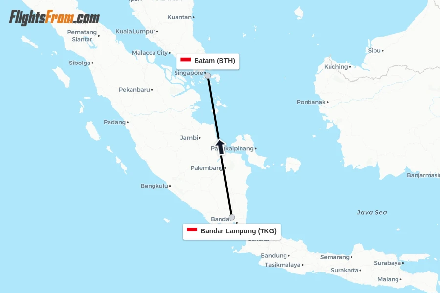 Flights from Bandar Lampung to Batam route map