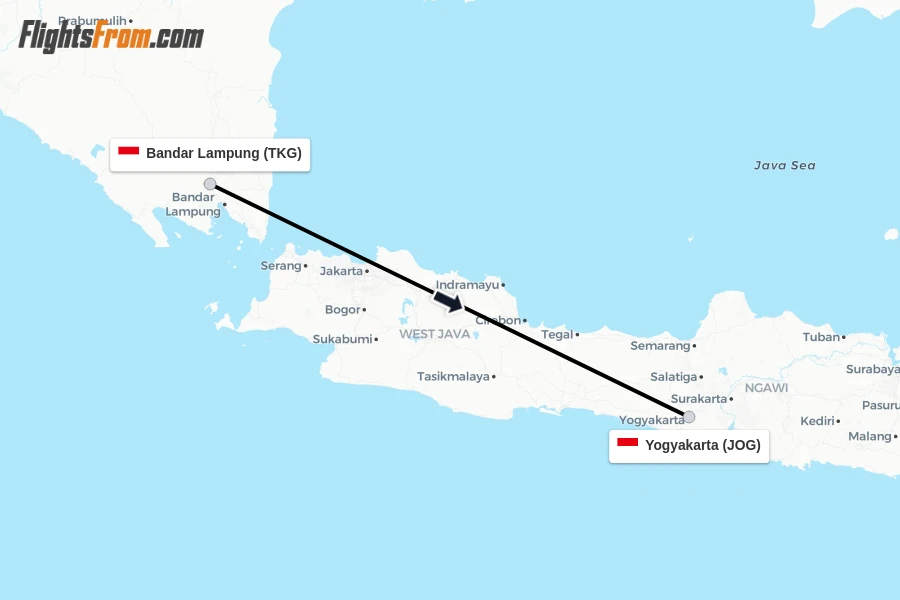 Flights from Bandar Lampung to Yogyakarta route map