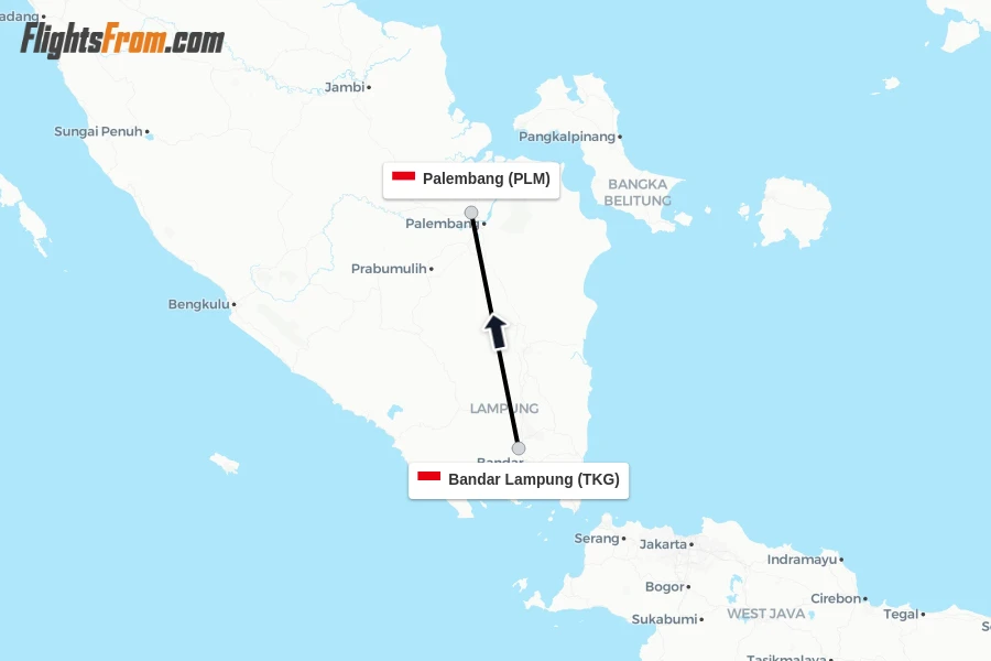 Flights from Bandar Lampung to Palembang route map