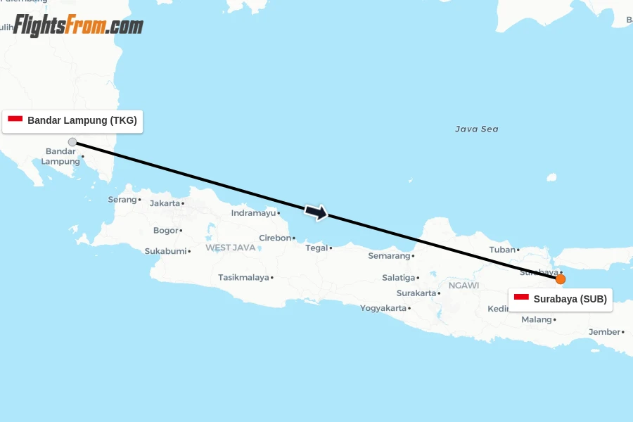 Flights from Bandar Lampung to Surabaya route map