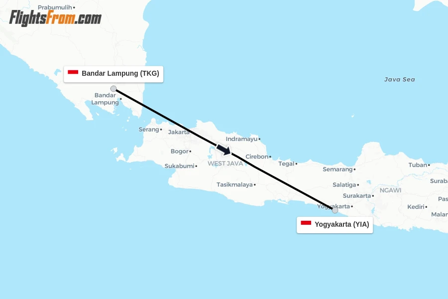 Flights from Bandar Lampung to Yogyakarta route map