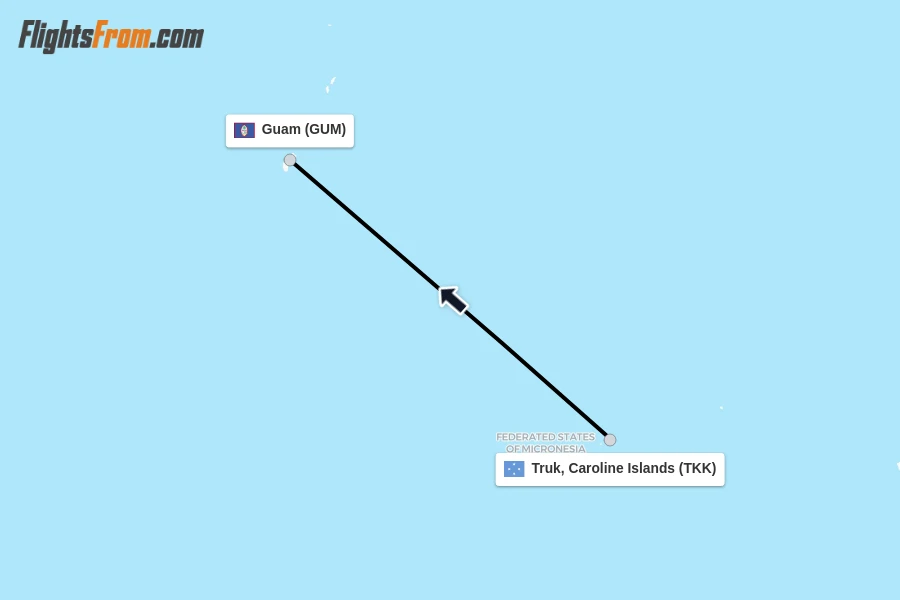 Flights from Truk, Caroline Islands to Guam route map