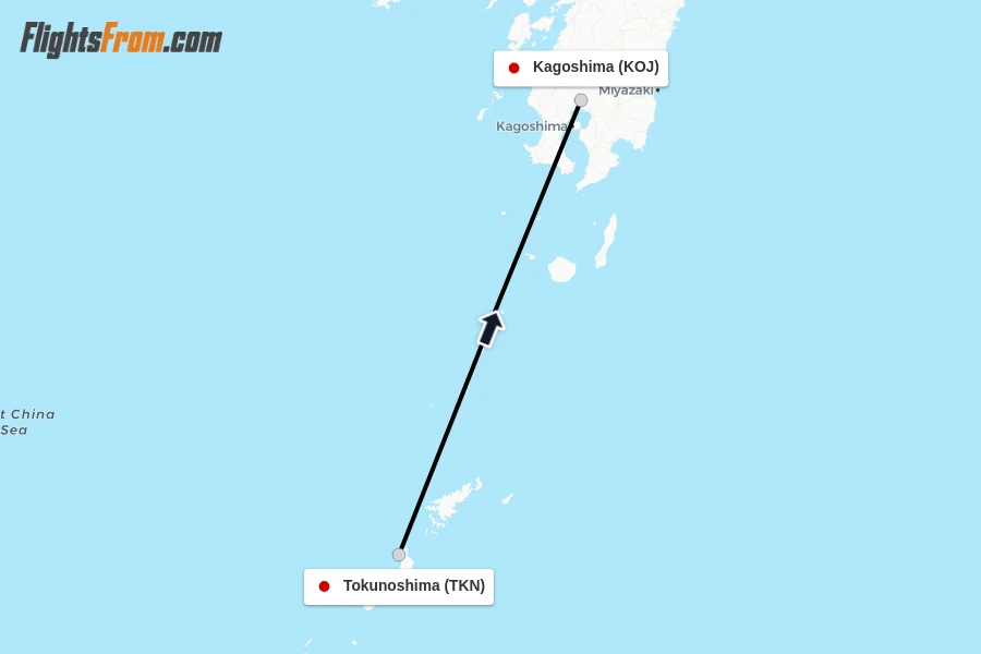Flights from Tokunoshima to Kagoshima route map