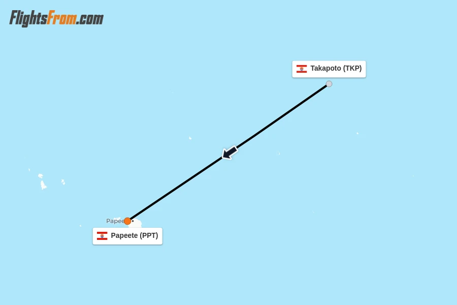 Flights from Takapoto to Papeete route map