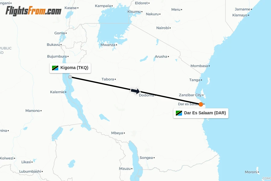 Flights from Kigoma to Dar Es Salaam route map