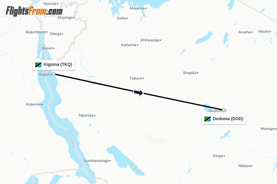 Flights from Kigoma to Dodoma route map