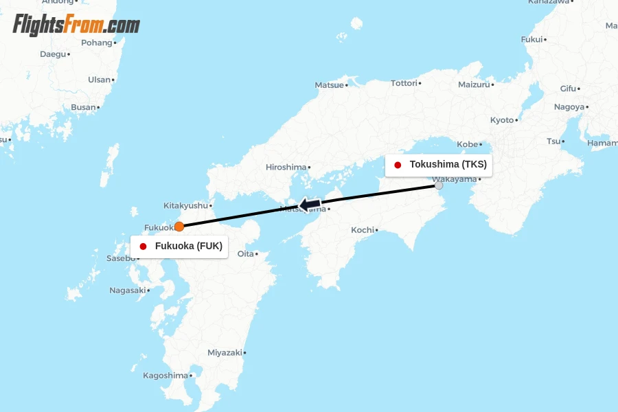 Flights from Tokushima to Fukuoka route map