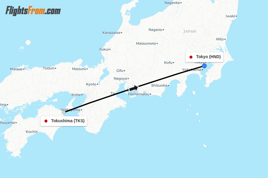 Flights from Tokushima to Tokyo route map