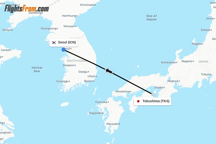 Flights from Tokushima to Seoul route map