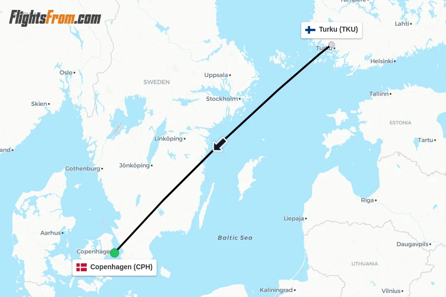 Flights from Turku to Copenhagen route map