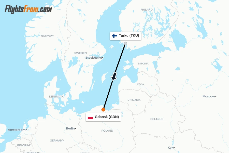 Flights from Turku to Gdansk route map
