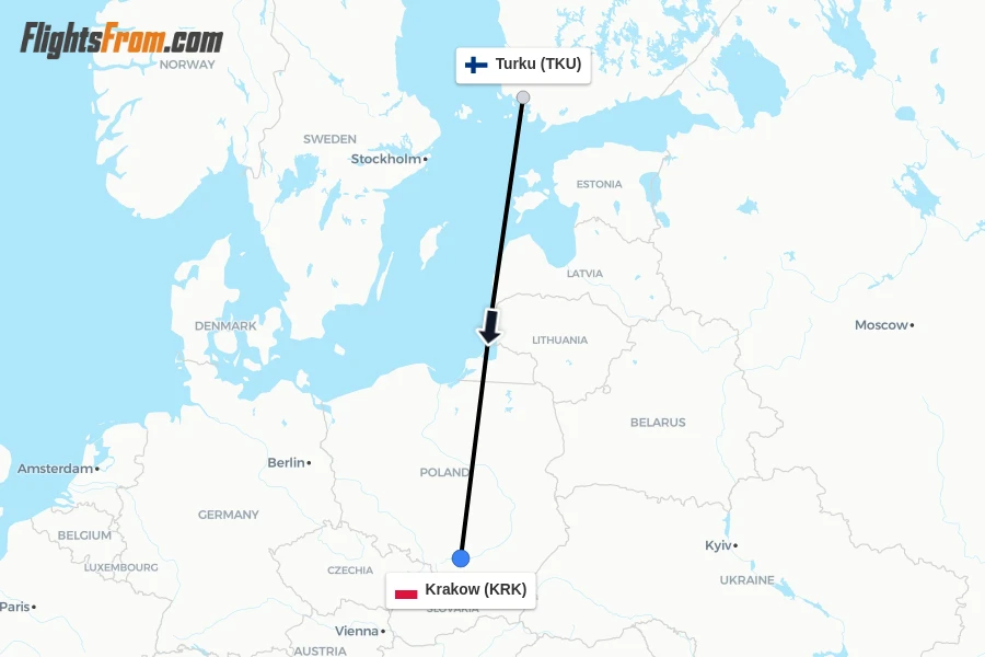 Flights from Turku to Krakow route map