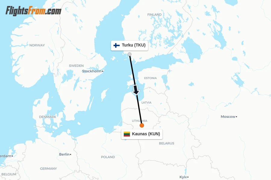 Flights from Turku to Kaunas route map
