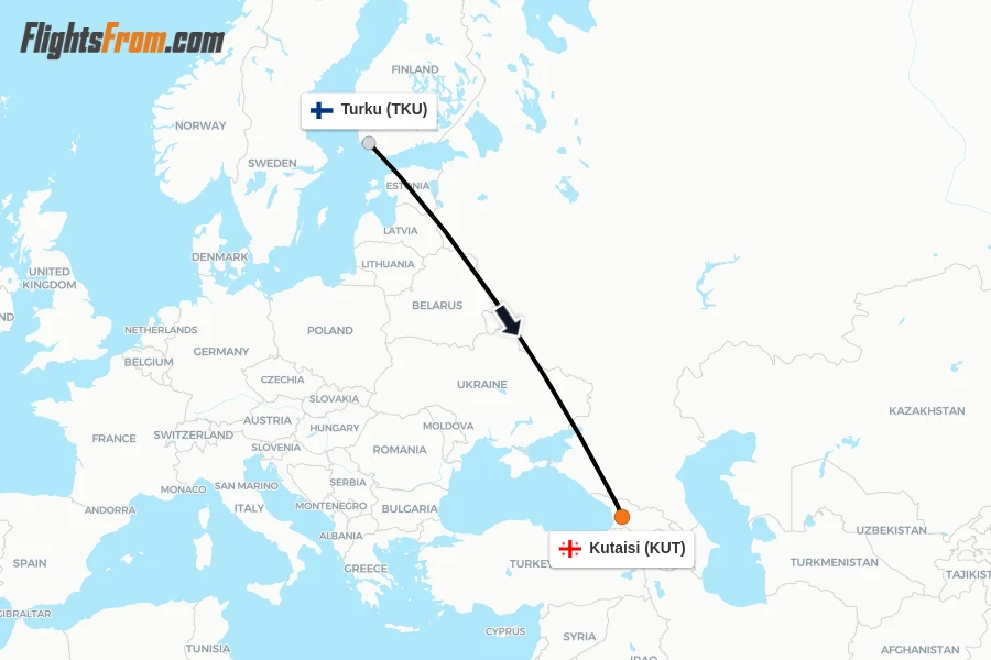 Flights from Turku to Kutaisi route map