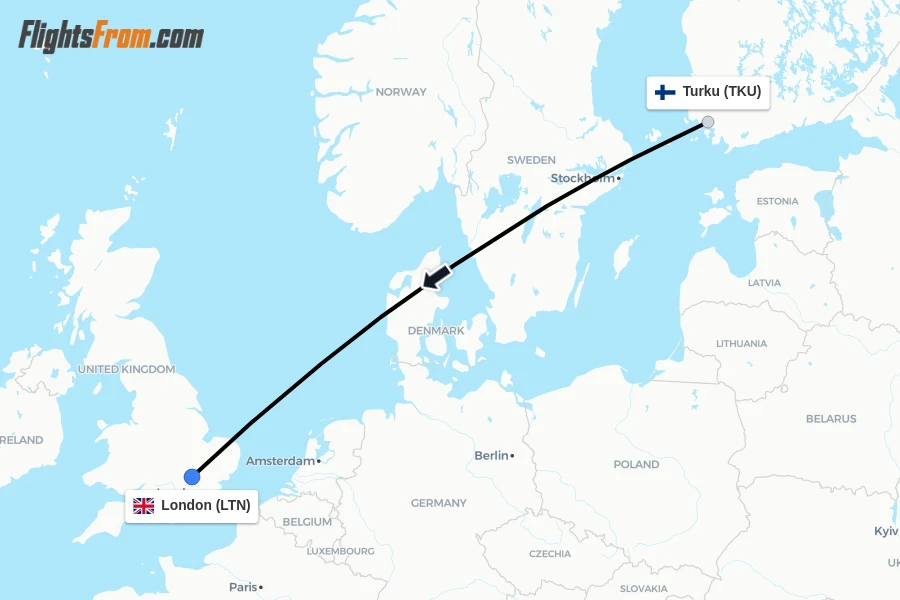 Flights from Turku to London route map