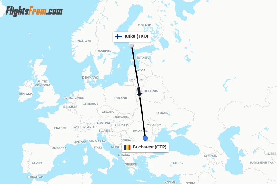 Flights from Turku to Bucharest route map