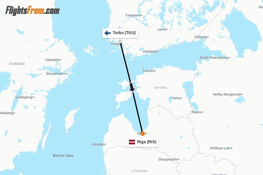 Flights from Turku to Riga route map