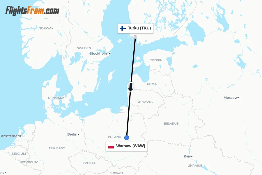 Flights from Turku to Warsaw route map