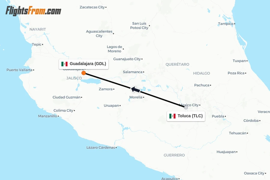 Flights from Toluca to Guadalajara route map