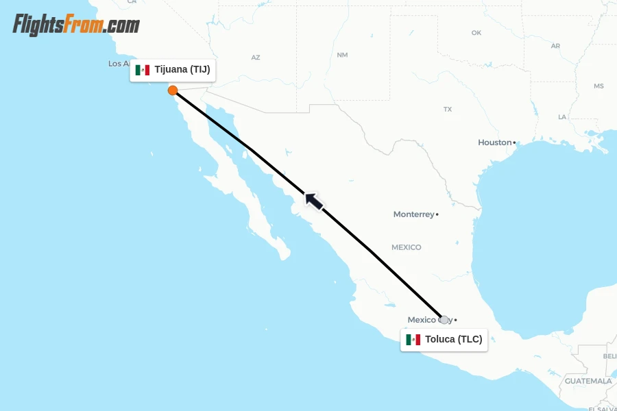 Flights from Toluca to Tijuana route map