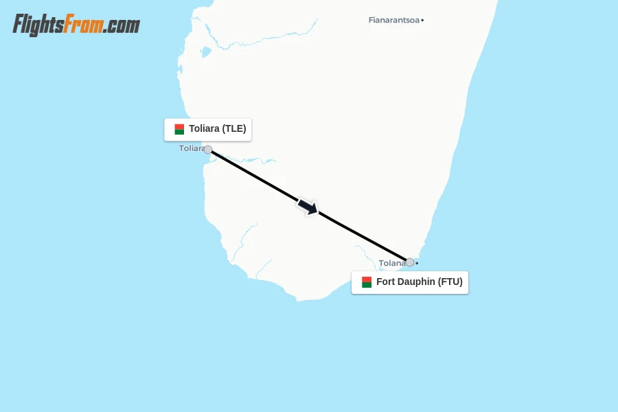 Flights from Toliara to Fort Dauphin route map