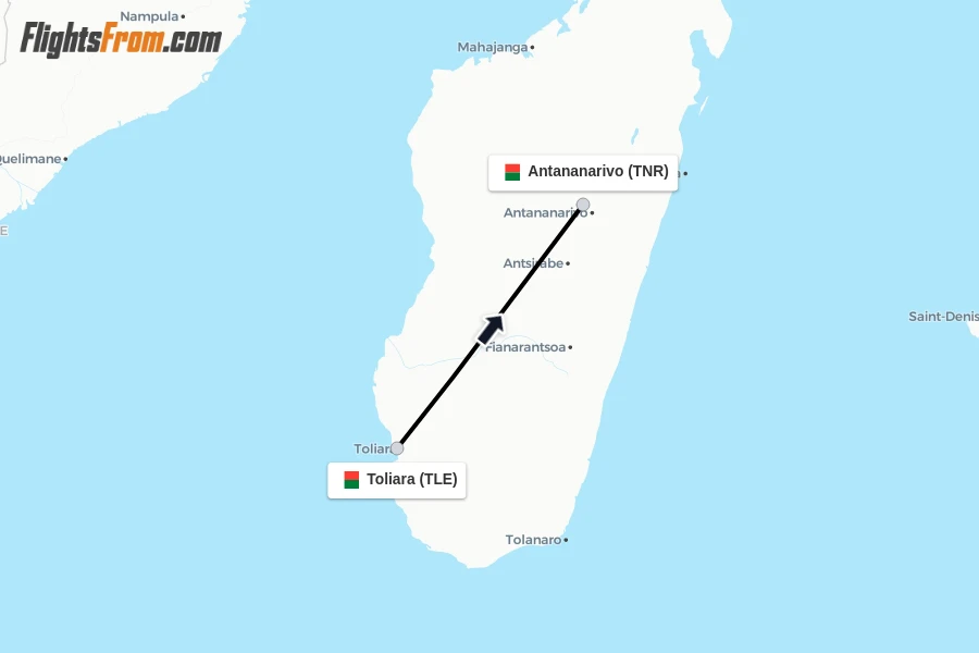Flights from Toliara to Antananarivo route map