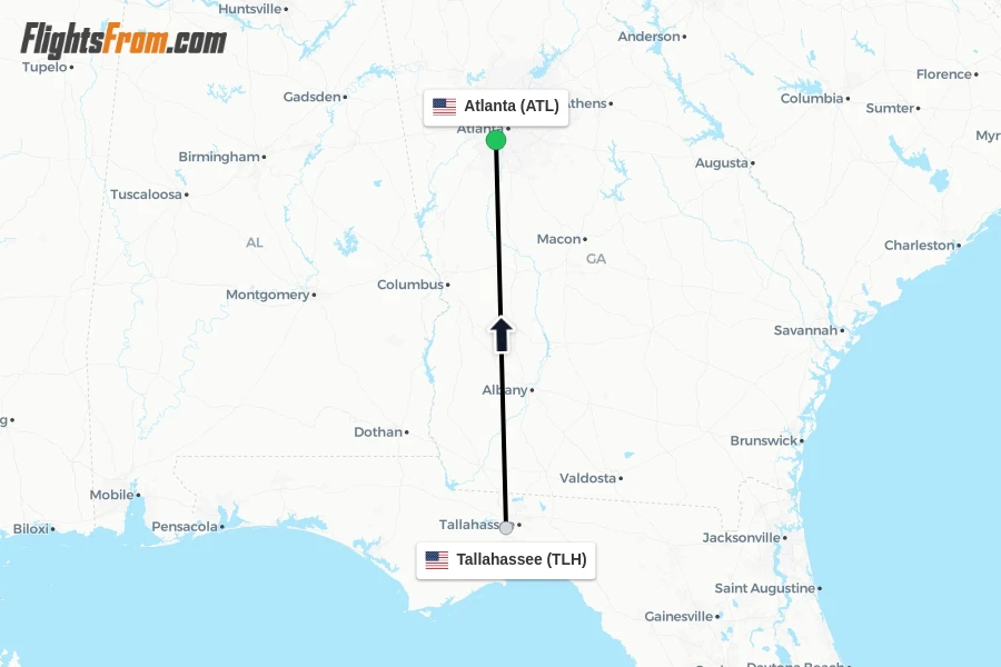 Flights from Tallahassee to Atlanta route map