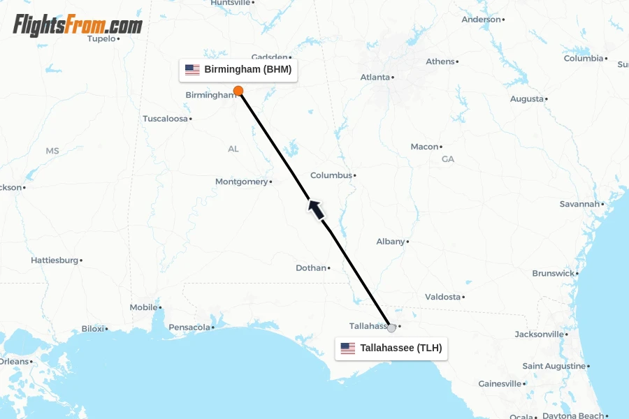 Flights from Tallahassee to Birmingham route map
