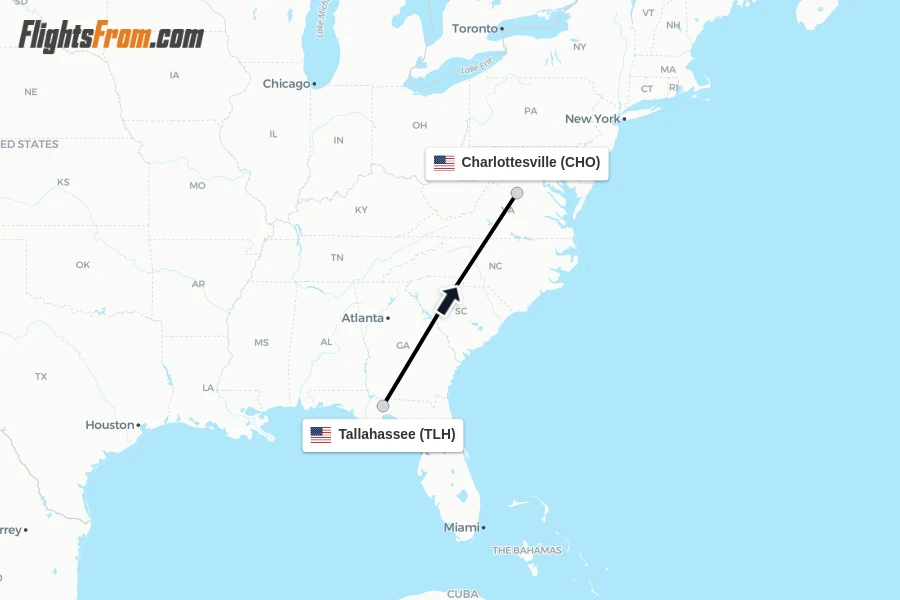 Flights from Tallahassee to Charlottesville route map