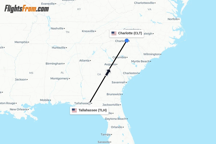 Flights from Tallahassee to Charlotte route map
