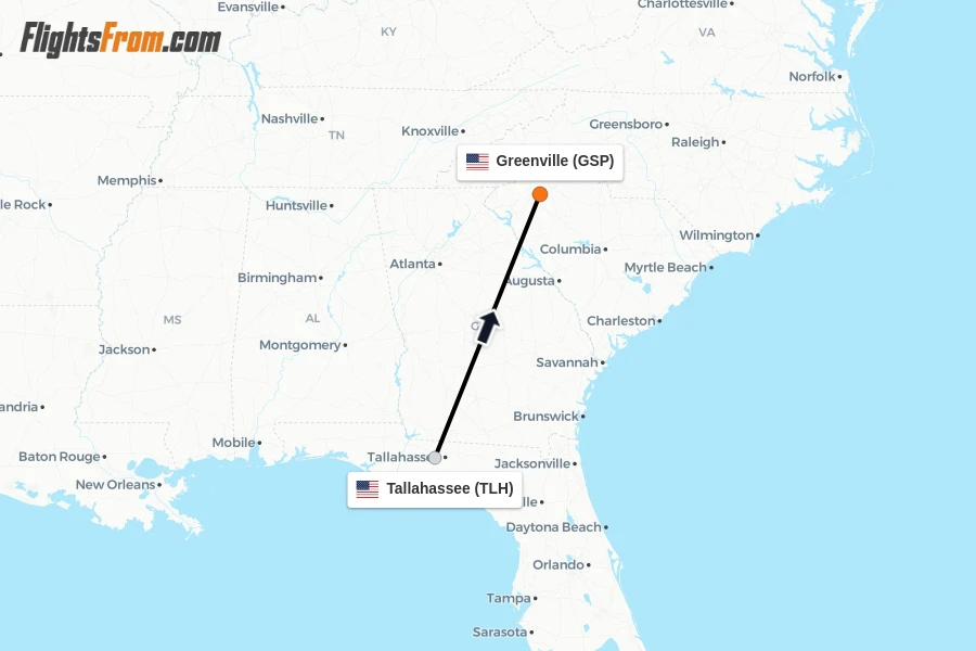 Flights from Tallahassee to Greenville route map