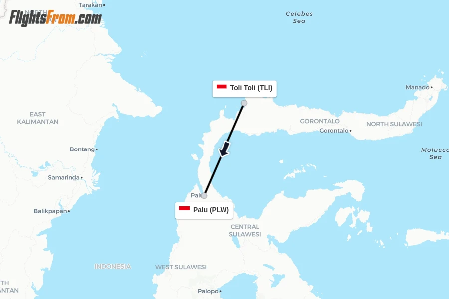 Flights from Toli Toli to Palu route map