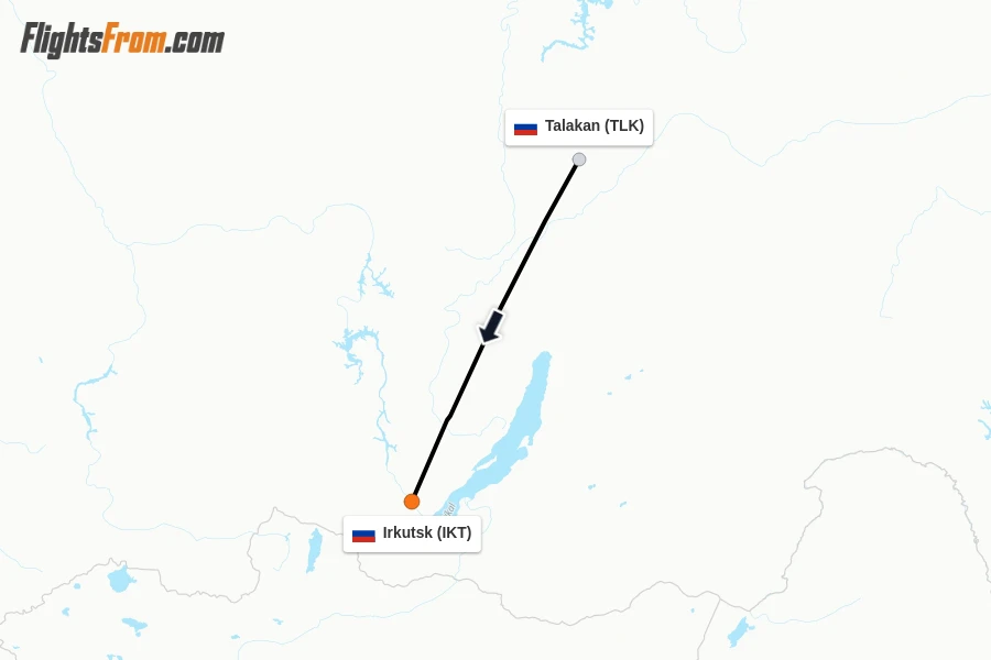 Flights from Talakan to Irkutsk route map