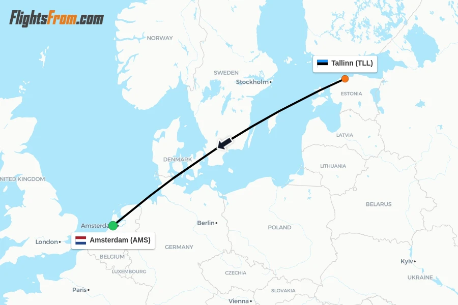 Flights from Tallinn to Amsterdam route map