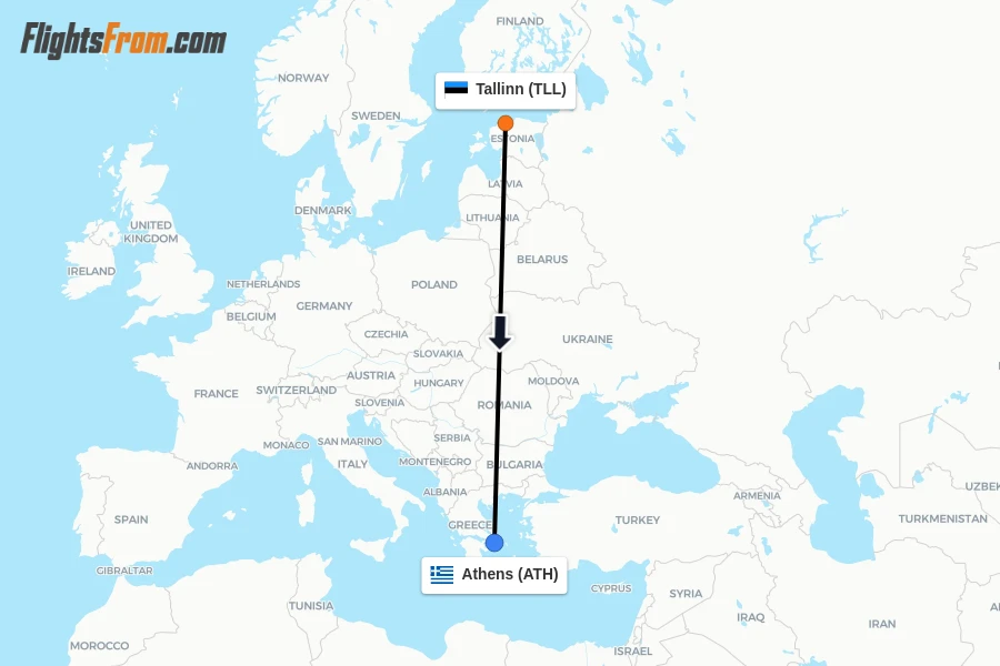 Flights from Tallinn to Athens route map