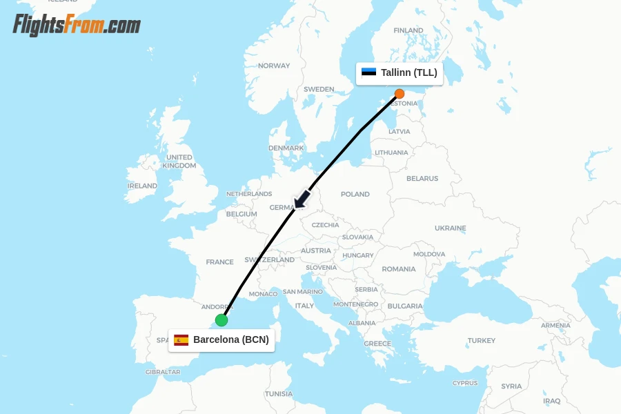 Flights from Tallinn to Barcelona route map