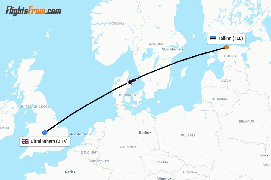Flights from Tallinn to Birmingham route map