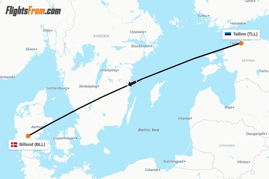 Flights from Tallinn to Billund route map