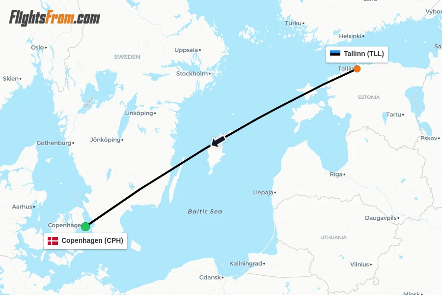 Flights from Tallinn to Copenhagen route map