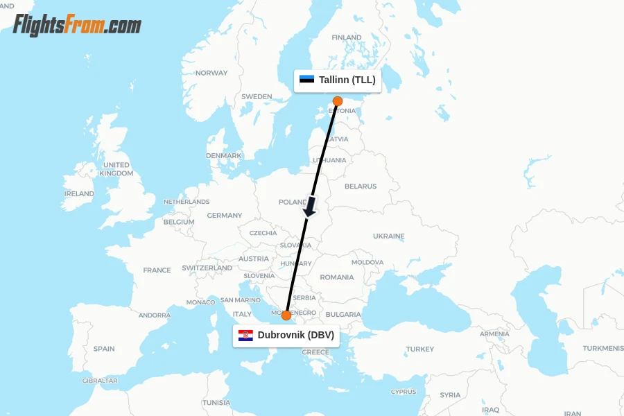 Flights from Tallinn to Dubrovnik route map
