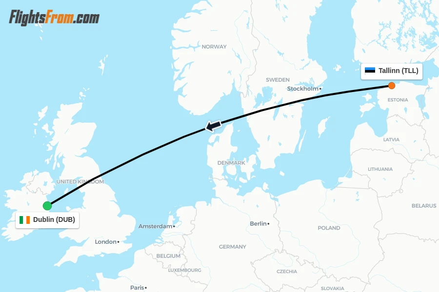 Flights from Tallinn to Dublin route map