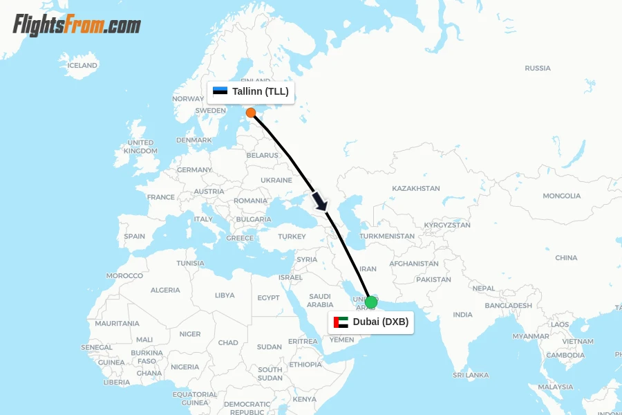 Flights from Tallinn to Dubai route map