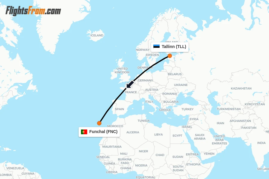 Flights from Tallinn to Funchal route map