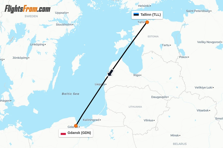 Flights from Tallinn to Gdansk route map