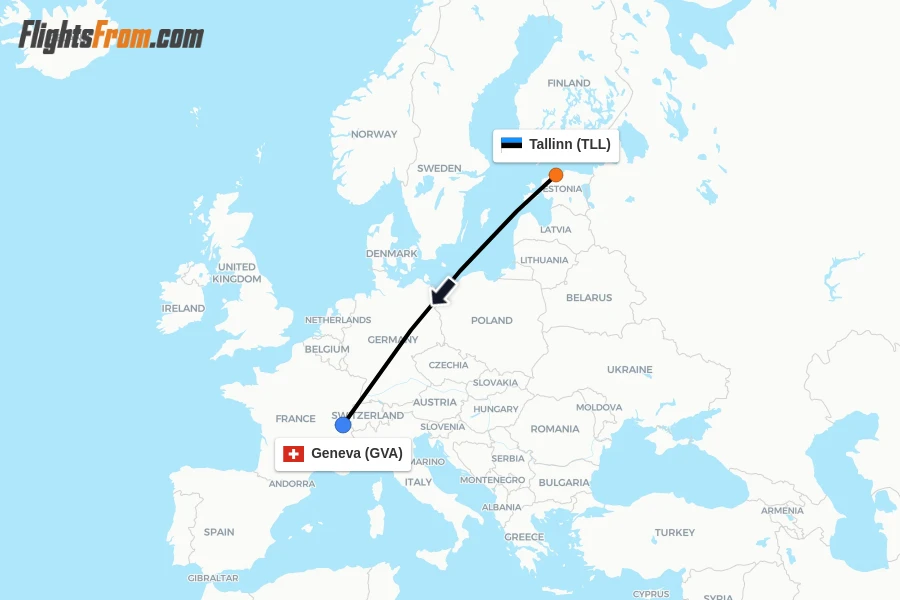 Flights from Tallinn to Geneva route map