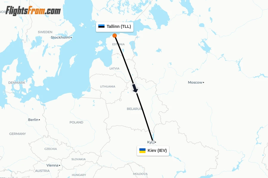 Flights from Tallinn to Kiev route map
