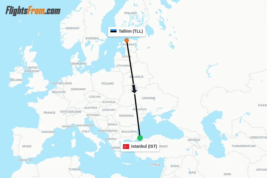 Flights from Tallinn to Istanbul route map