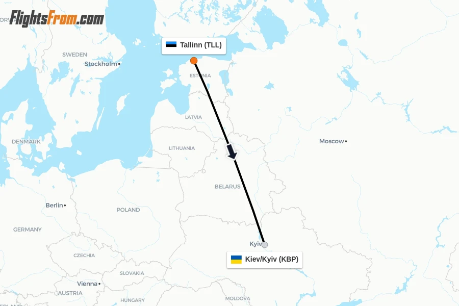 Flights from Tallinn to Kiev/Kyiv route map